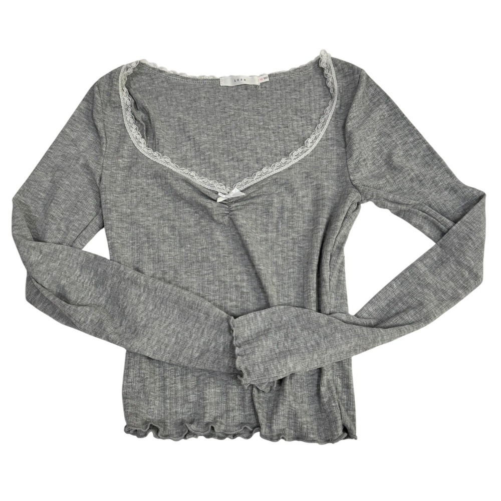 Lush Heather Grey Ribbed Lace Trim Long Sleeve Top Bow Detail XS